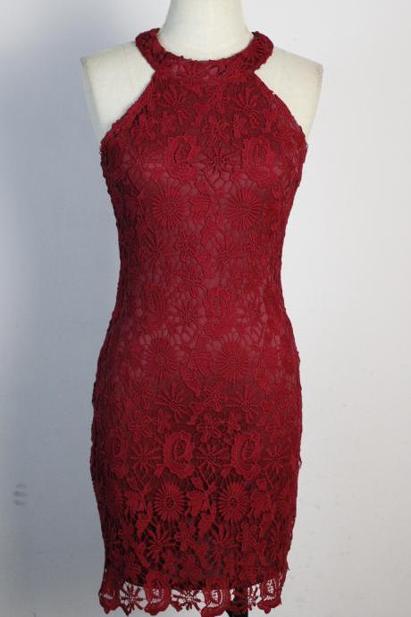 Fashion New Sleeveless Lace Halter Sheath Dress - Wine Red