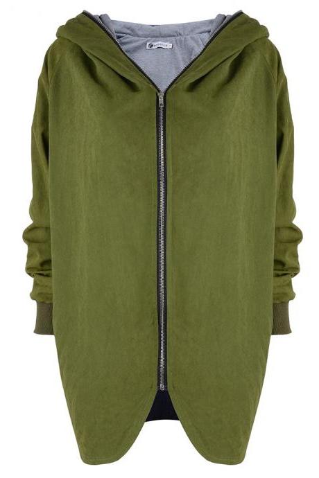 Fashion New Women Loose Hooded Collar Zipper Coat - Green