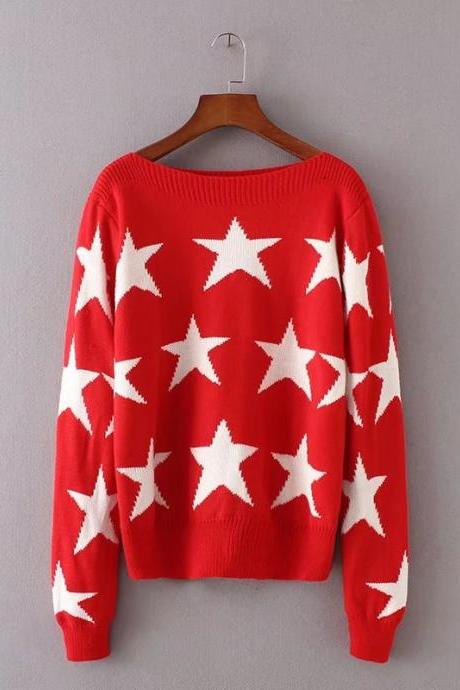 Fashion Star Print Pullover Sweater - Red