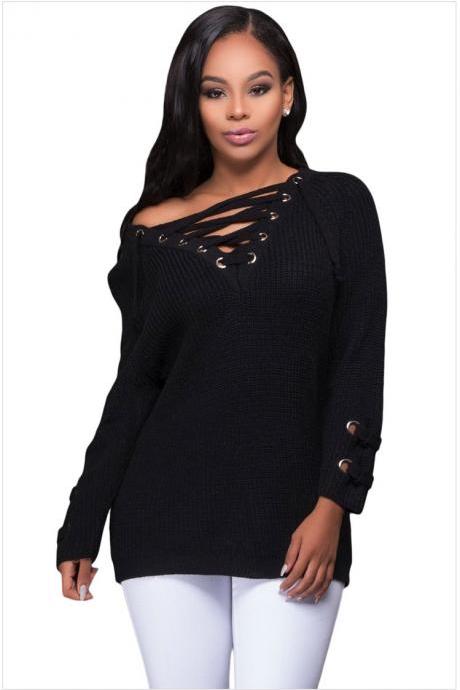 Black Knit Lace-up Plunge V Long Cuffed Sleeves Sweater