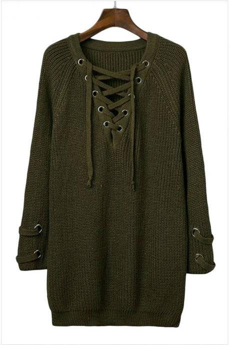 Army Green Knit Lace-up Plunge V Long Sleeves Sweater