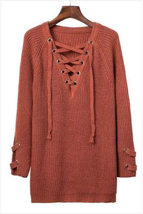 Knit Lace-up Plunge V Long Sleeves Sweater