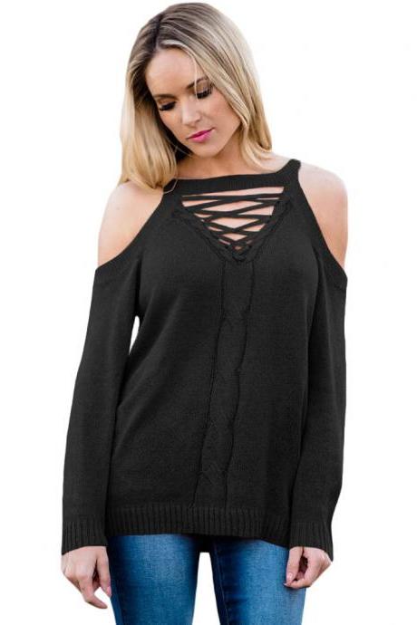 Black Knit Lace-up Plunge V Cold Shoulder Long Cuffed Sleeves Sweater