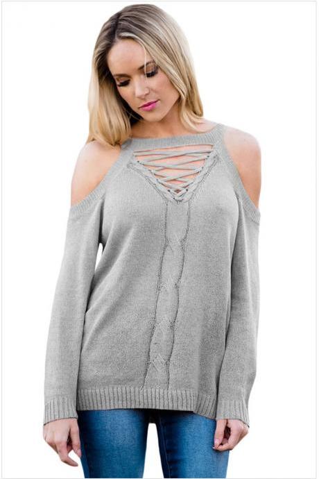 Grey Knit Lace-up Plunge V Cold Shoulder Long Cuffed Sleeves Sweater