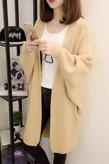 Fashion Women Loose Style Long Sweater Cardigan - Khaki