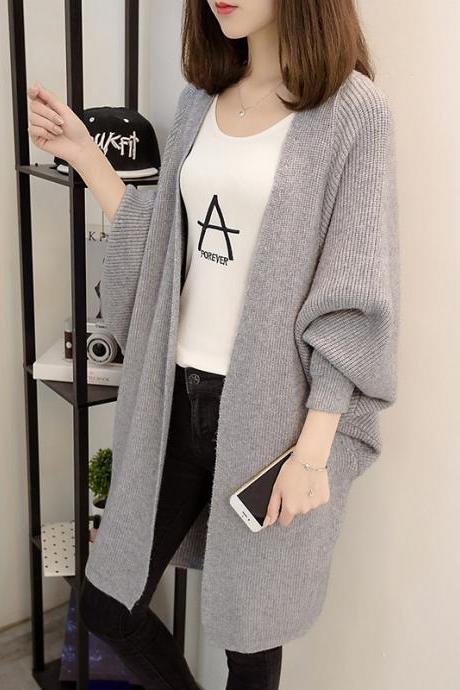 Fashion Women Loose Style Long Sweater Cardigan - Grey