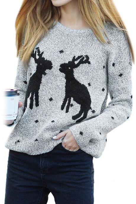 Cute Deers Round Neck Long Sleeve Sweater - Light Grey