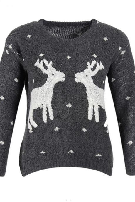 Cute Deers Round Neck Long Sleeve Sweater - Grey