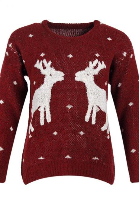 Cute Deers Round Neck Long Sleeve Sweater - Wine Red