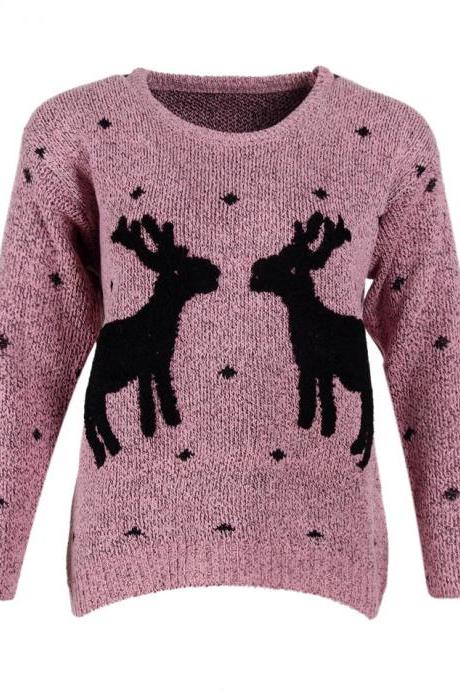 Cute Deers Round Neck Long Sleeve Sweater - Pink