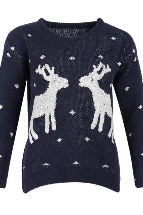 Cute Deers Round Neck Long Sleeve Sweater - Navy Blue