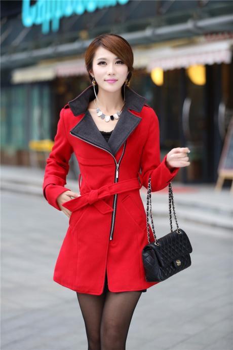 Fashion Turndown Collar Zipper Belted Woolen Winter Coat - Red 