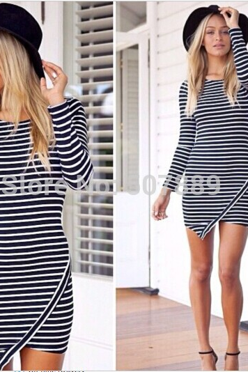 Fashion Stripe Print Long Sleeve Round Neck Dress - Black