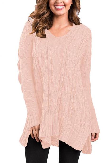 Design Fashion V Neck High Low Pullover Sweater For Women Am114 - Pink