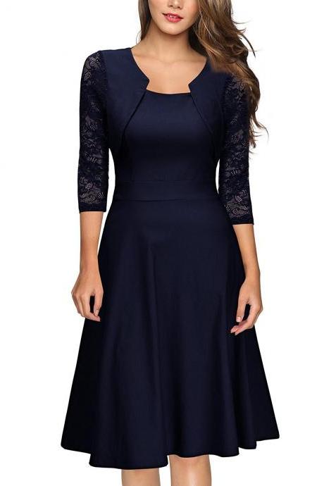 Hot Sale High Quality Three Quarter Sleeve Splice lace Dress - Black