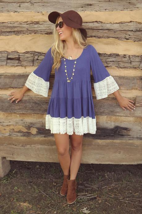 Fashion Loose Lace Stitching Mini Dress C862 - Bluish Violet
