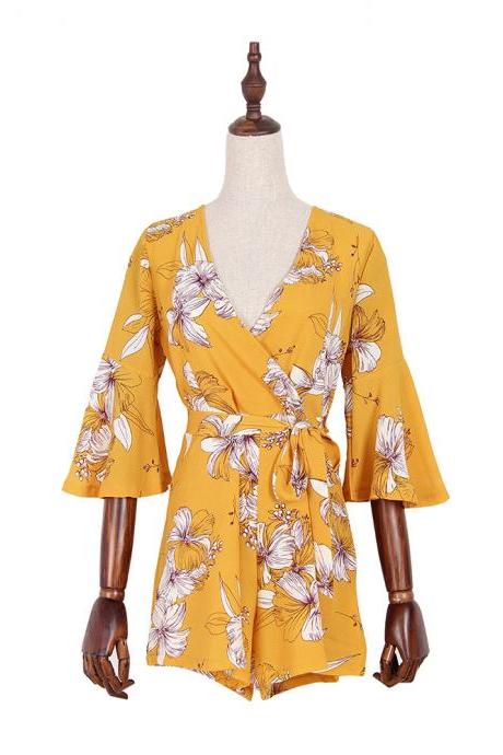 Shipping Yellow Floral Print Rompers With Belt