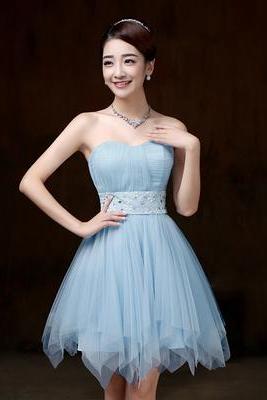 Beautiful Strapless Light Blue Color Beading Prom Dress