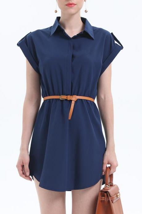 Fashion Turn Down Collar Short Sleeve Dress - Navy Blue