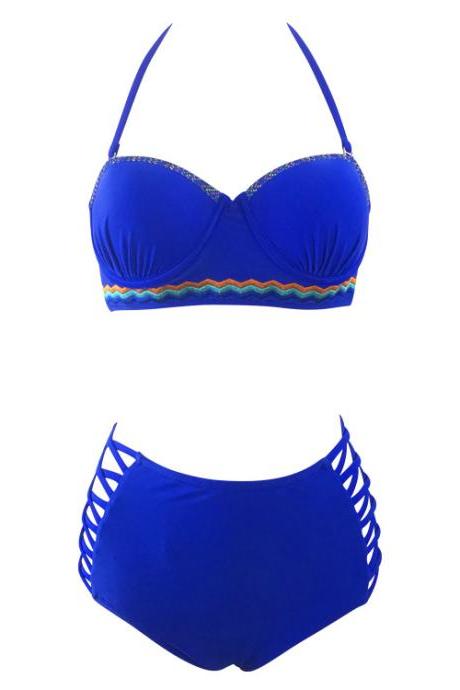 Printing Bikini Sexy High Waisted Women's Swimsuit - Blue