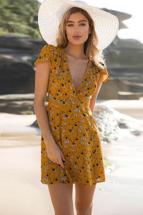 Yellow V Neck Short Sleeve Floral Print Chiffon Dress