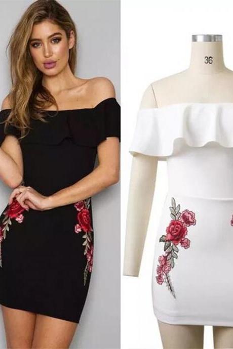 Fashion Embroidery Floral Print Off Shoulder Dress (2 Colors)