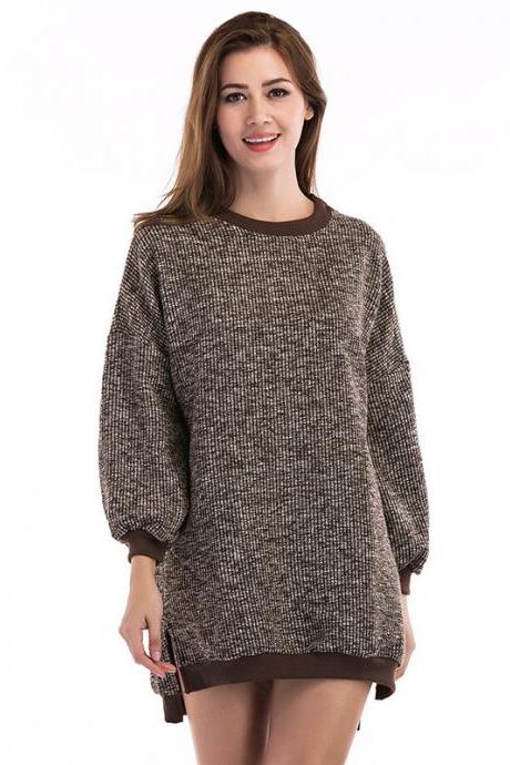 Women Loose Round Neck Long Sleeve Sweater - Khaki 