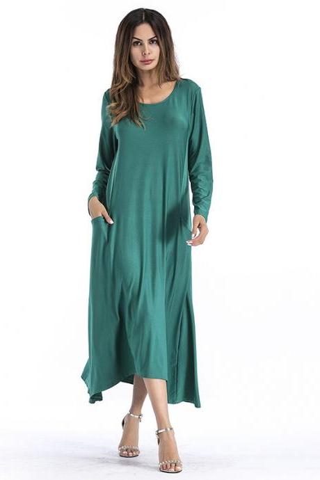 Fashion Solid Color Long Sleeve Maxi Dress - Green 