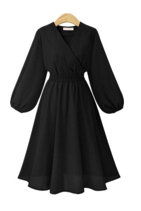 Black V-Neck Chiffon Short Vintage Dress with Long Sleeves
