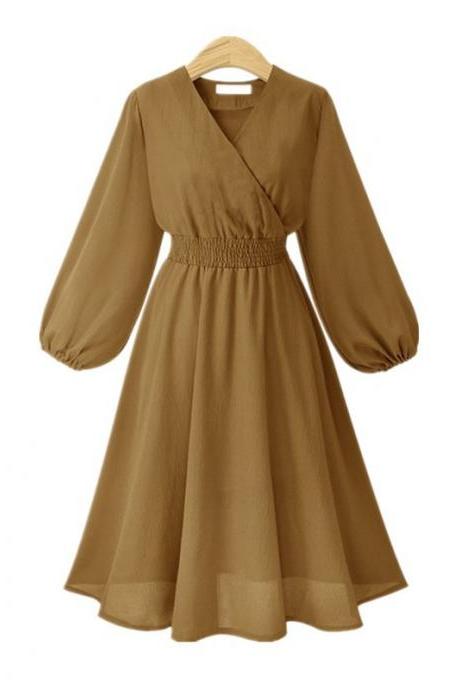 Khaki V-Neck Chiffon Short Vintage Dress with Long Sleeves