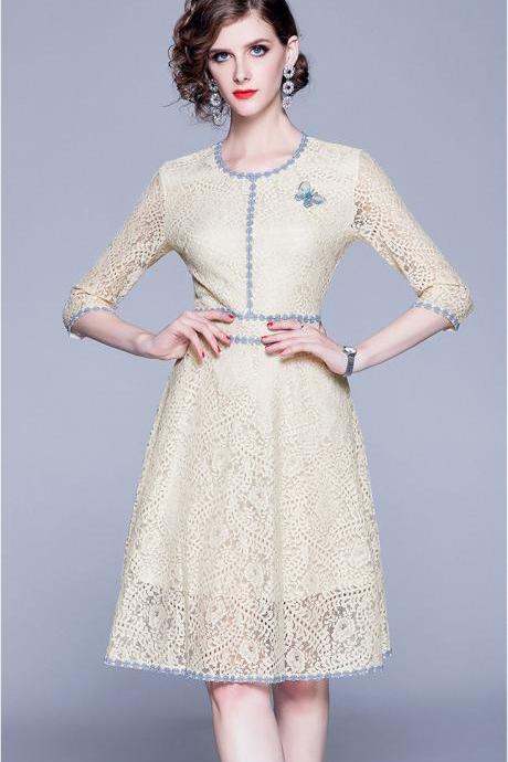 Elegant Lace A Line Dress - Beige