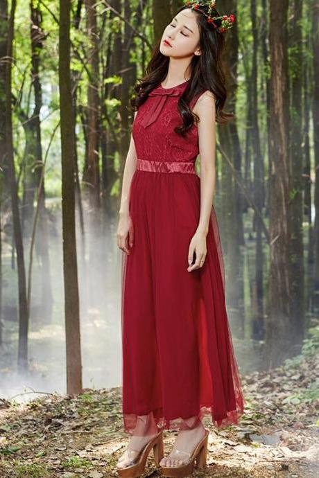 Nice Wine Red High Waist Lace Chiffon Maxi Dress