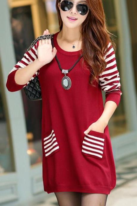 Round Neck Long Sleeve Loose Sweater For Women - Wine Red