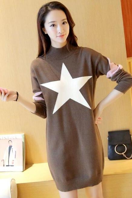 Cute Star Loose Pullover Sweater Dress - Khaki