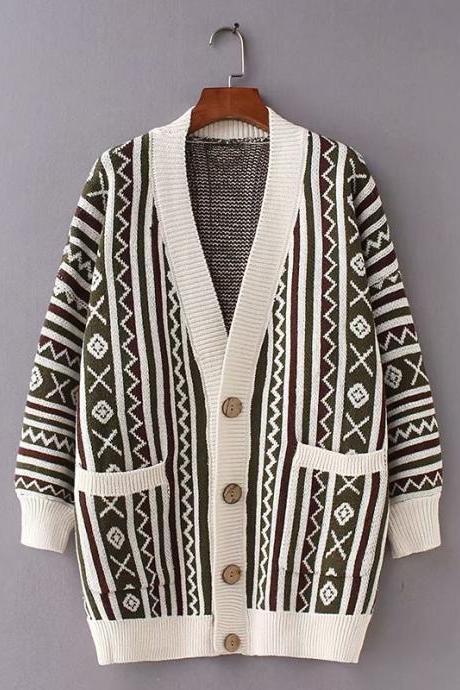 Ethnic Style Multicolor Argyle Cardigans Sweater for Girls/Women - Beige