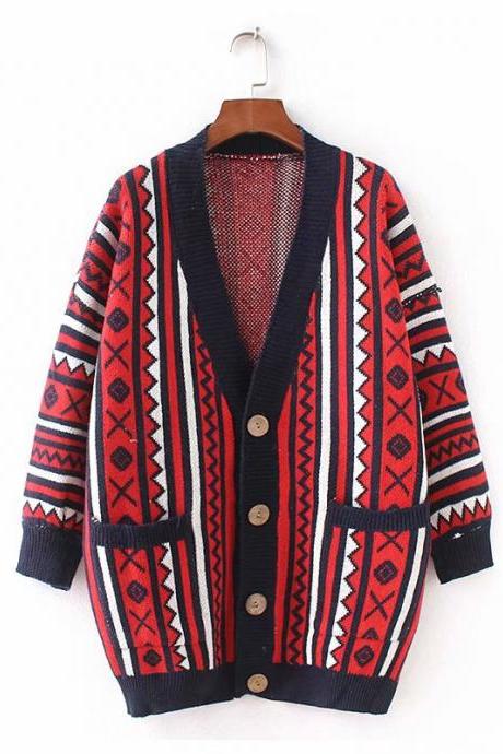 Ethnic Style Multicolor Argyle Cardigans Sweater for Girls/Women - Red