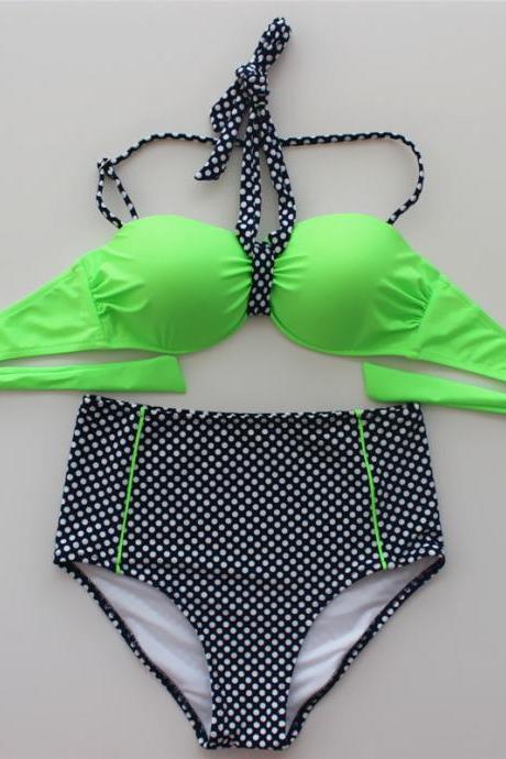 New Woman Cute Dot Swimwear Swimsuit Bikini - Green