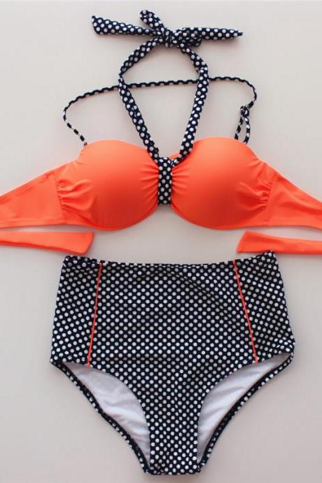 New Woman Cute Dot Swimwear Swimsuit Bikini - Orange