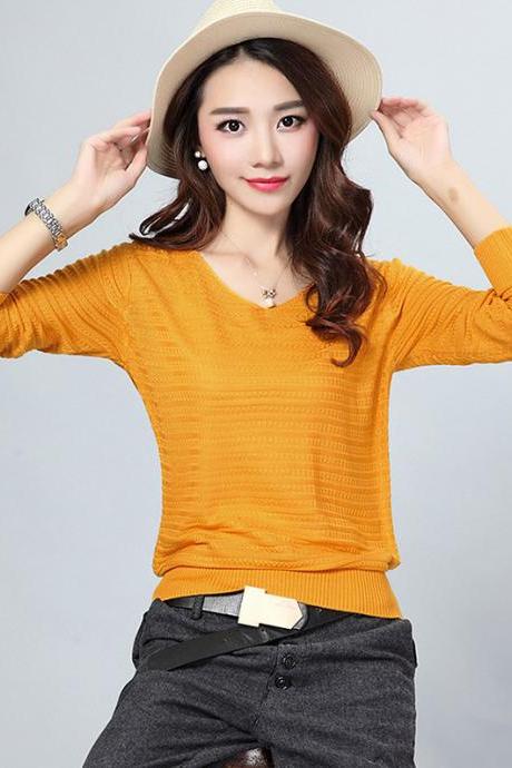 Fashion V Neck Sweater For Lady - Yellow