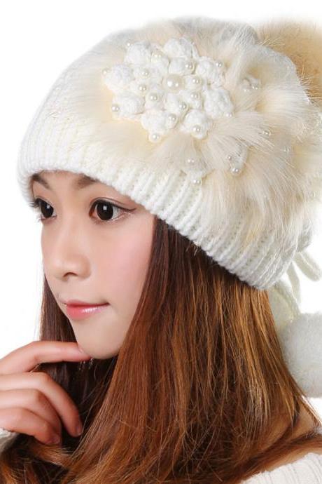 Free shipping Knitted Hat Ball Beanies Winter Hat For Women - White