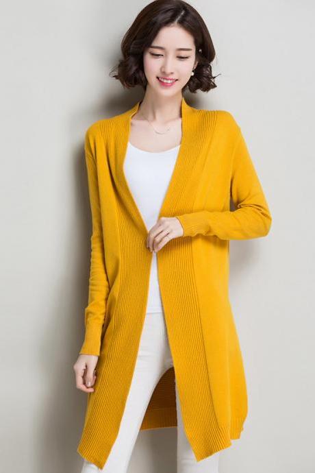 Autumn and winter women slim long sweater cardigan - Yellow