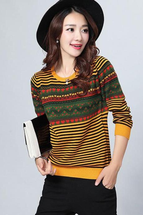 Stripe Pattern Print Round Neck Woman Pullovers - Yellow