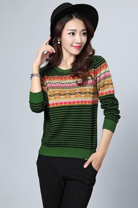 Stripe Pattern Print Round Neck Woman Pullovers - Green
