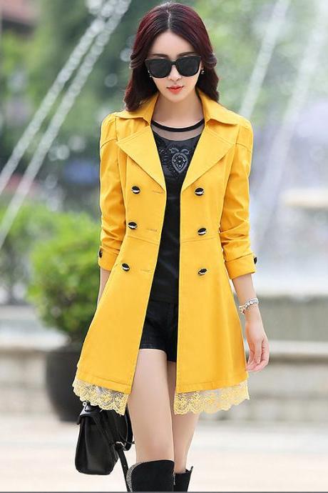 New Lace Decoration Double Breasted Trench Coat - Yellow