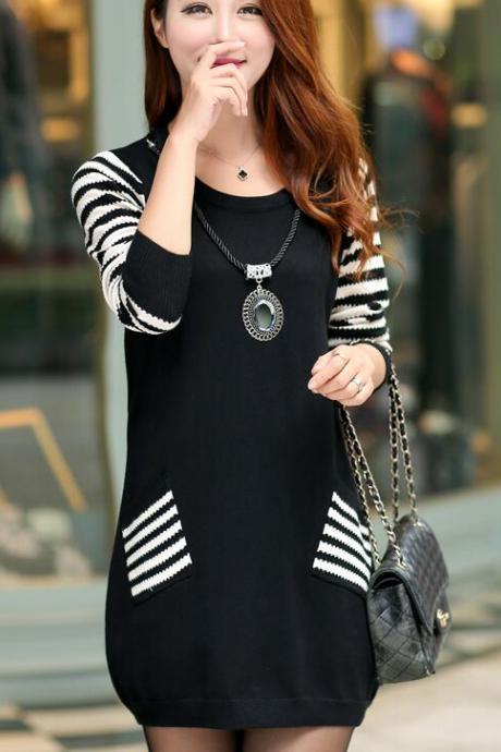 Round Neck Long Sleeve Loose Sweater For Women - Black