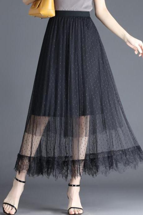 High Waist Long Gauze Skirt - Black