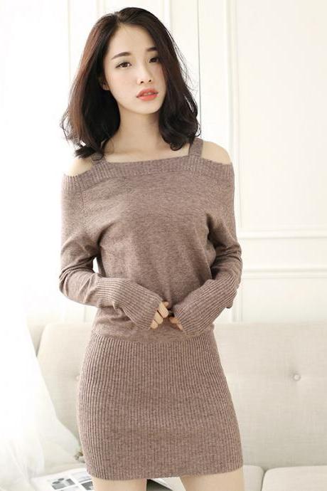Sexy Off The Shoulder Long Sleeves Sweater Dress 4 Colors