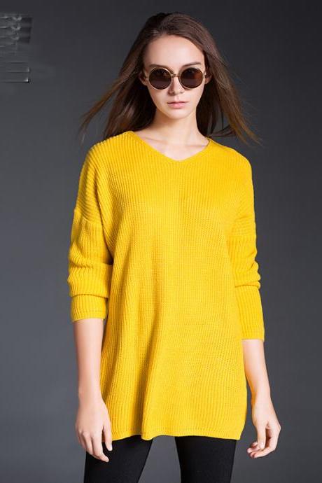 Large Size Solid Women Casual Yellow Sweaters
