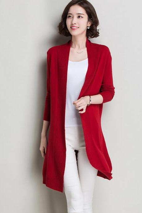 Autumn And Winter Women Slim Long Sweater Cardigan - Red
