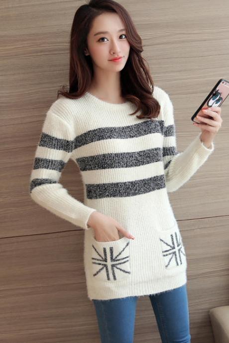 Women Strips Loose O-Neck Long Sleeve Casual Sweater Fashion Knitted Tops - White